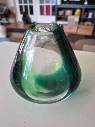 Vintage MCM Murano Bud Vase Thick GLASS Green Clear 4x4"Volcano Vase