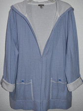 T by Talbots Hoodie Jacket XL Blue White Open Front Tab Slv Pockets Lightweight