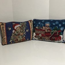 Set Of 2 Vintage 16  X 12  Christmas Tapestry Throw Pillows Teddy Bears Sleigh
