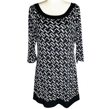 WHBM Retro 70s Geometric Print Black Shift 3/4 Sleeve Dress Med Career Evening
