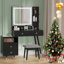 Vanity Set with LED Lighted Mirror Cabinet Makeup Dressing Table 4 Drawers bLACK