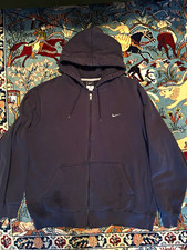 Vintage Y2K Nike Men's Faded Navy XL Full-Zip Fleece Cotton Blend Hoodie