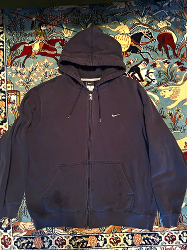 Vintage Y2K Nike Men's Faded Navy XL Full-Zip Fleece Cotton Blend Hoodie