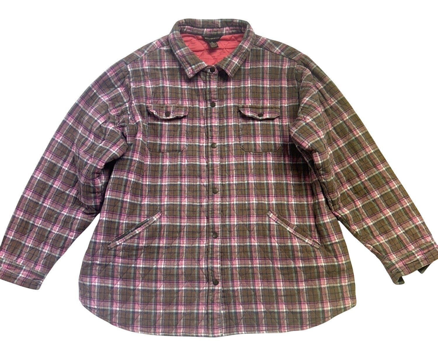 Bit & Bridle Plaid Flannel Shirt Jacket Women's 1X Pink Quilted Lining Pockets