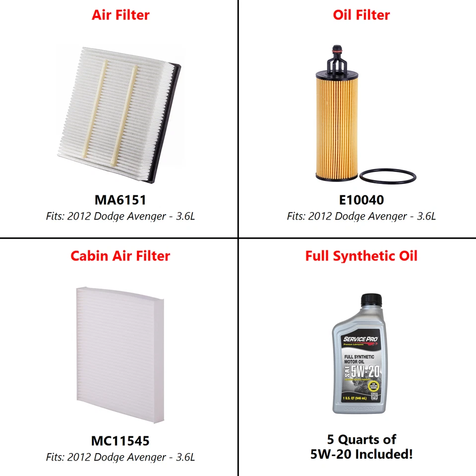2012 Dodge Avenger 3.6L Complete Oil, Air & Cabin Filter Kit (5W-20) - Imagem 2 de 4