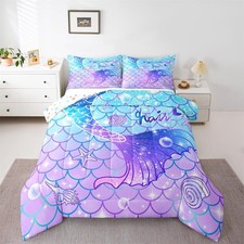 Mermaid Comforter Set Full Size Kids Bedding Set with Teal Blue Purple Mermai...