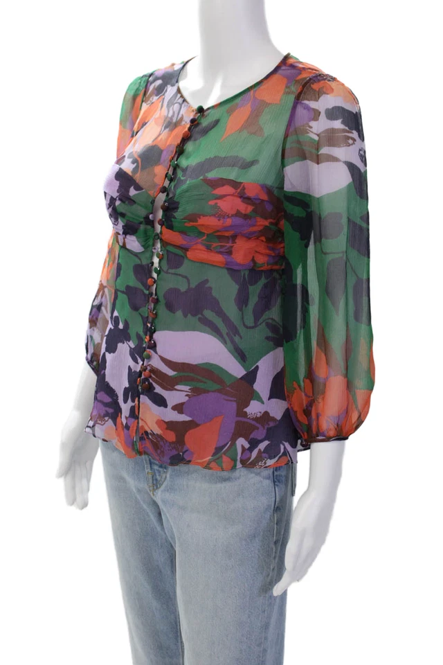 Blusa Top BCBGMAXAZRIA Mujer Seda Floral Manga Larga Abotonada Púrpura Talla XS Foto 2 de 4