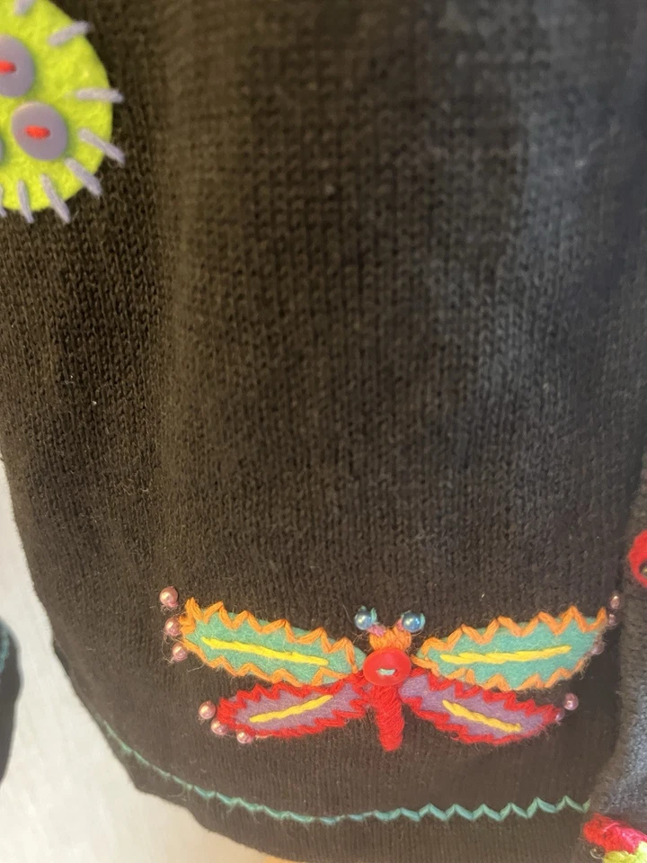 Vtg Talbots Talla L Cardigan bordado negro Lady Bugs Lino Algodón Cottagecore Foto 4 de 4