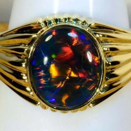 925 Sterling Silver Certified Natural   Australian Black Opal Ring  Gift For Her