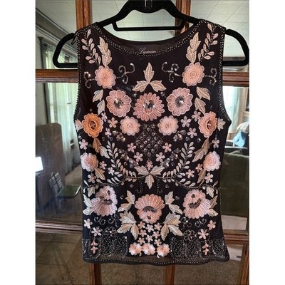 Frank Lyman Black Mesh Floral Embroidered Sequin Sleeveless Top Small S/P