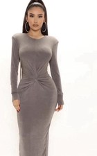 Fashion nova gray Long Sleeve Bodycon Maxi Dress Stretch Size 