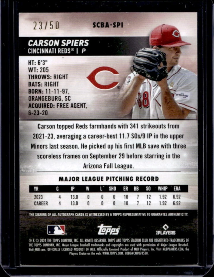 2024 Stadium Club Carson Spiers Auto RC Red Foil Rookie #23/50 Reds - Image 2 of 2