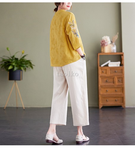 Women 3/4 Sleeve T Shirt Floral Embroidery Cotton Linen Blend Top Loose Fit Thin - Picture 13 of 27