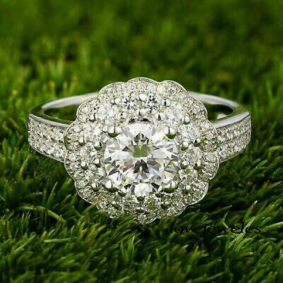 2.95CT Round Cut Real Moissanite Flower Style Wedding Ring 14K White Gold Finish
