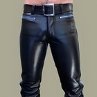 Mens Real Leather Pants, Double Zip Schwarz Black Jeans Trousers