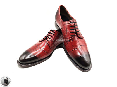 Herrenschuhe Handarbeit Krokodildruck Leder schwarz schattiert Derby Schnürschuhe formell