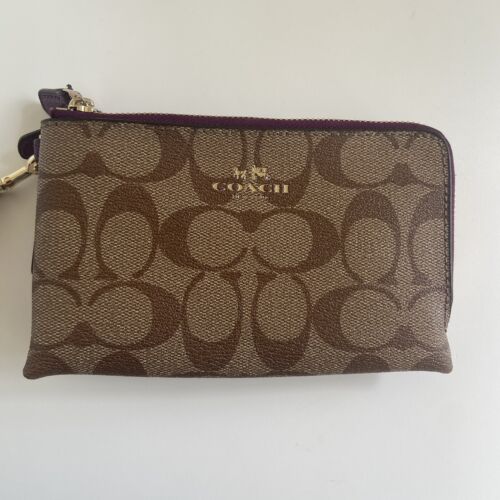 COACH Wallet Signature Wristlet Khaki Aubergine Double Zip - Picture 2 of 9