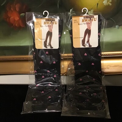 2 NWT Hwa Yu Women Pink Hearts KNEE HIGH Thigh High Socks 9-11 Made in Taiwan