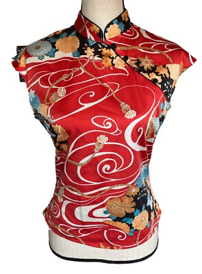 ABS Allen Schwartz Womens Sz L Asian Floral Print Mandarin Collar Stretch Top