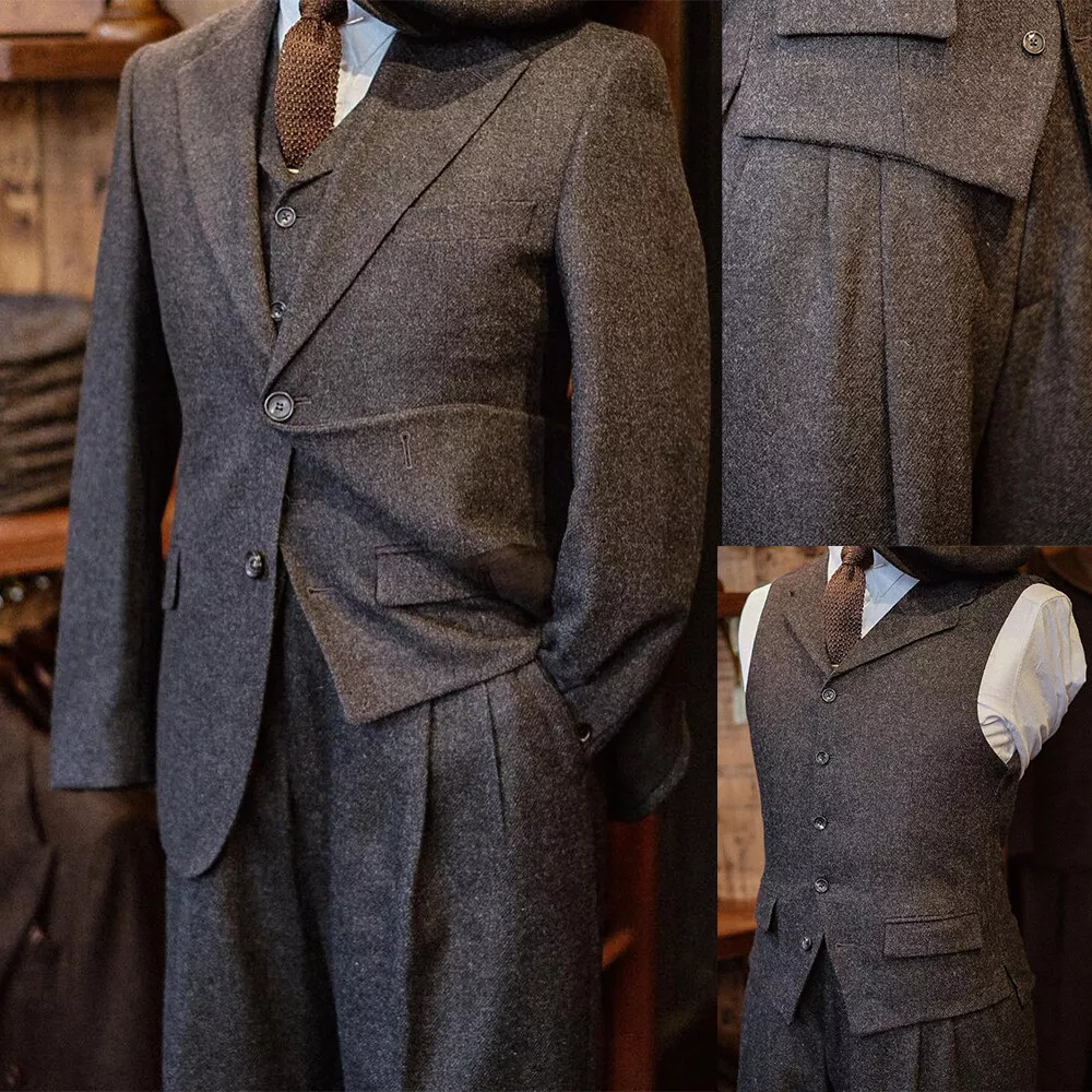 Men Vintage Woolen Suits Wedding Business Dinner Party Blazer Vest Pant 3  pieces