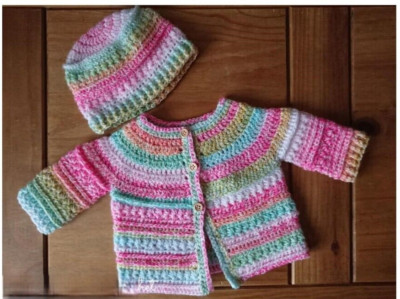 HÄKELANLEITUNG PAPIERKOPIE wunderschöne Baby Strickjacke & Mütze Regenbogen 0-3 Monate #85