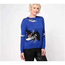 Attitudes by Renee Jacquard Cat Motif Sweater Royal Blue White Womens Size Small