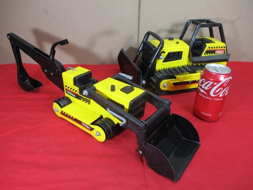 2 Vintage 1970's Tonka Pressed Steel Trucks Front Loader Back Hoe & Bull Dozer
