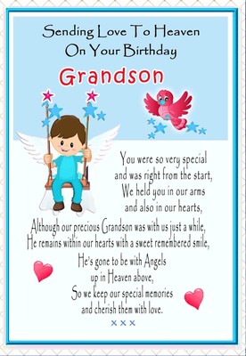 Happy Birthday Grandson In Heaven Baby Grandson Graveside Memorial Birthday In Memory Keepsake Card & Holder  | Ebay