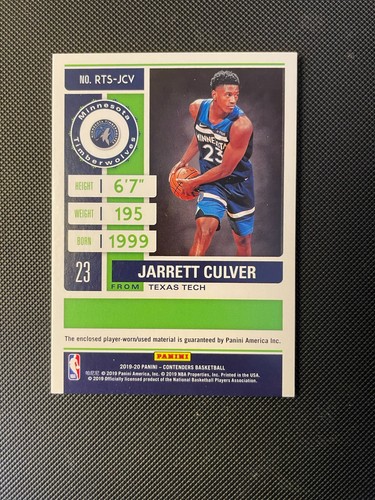 2019-20 Panini Contenders - Rookie Ticket Swatches #RTS-JCV Jarrett Culver - Picture 2 of 2