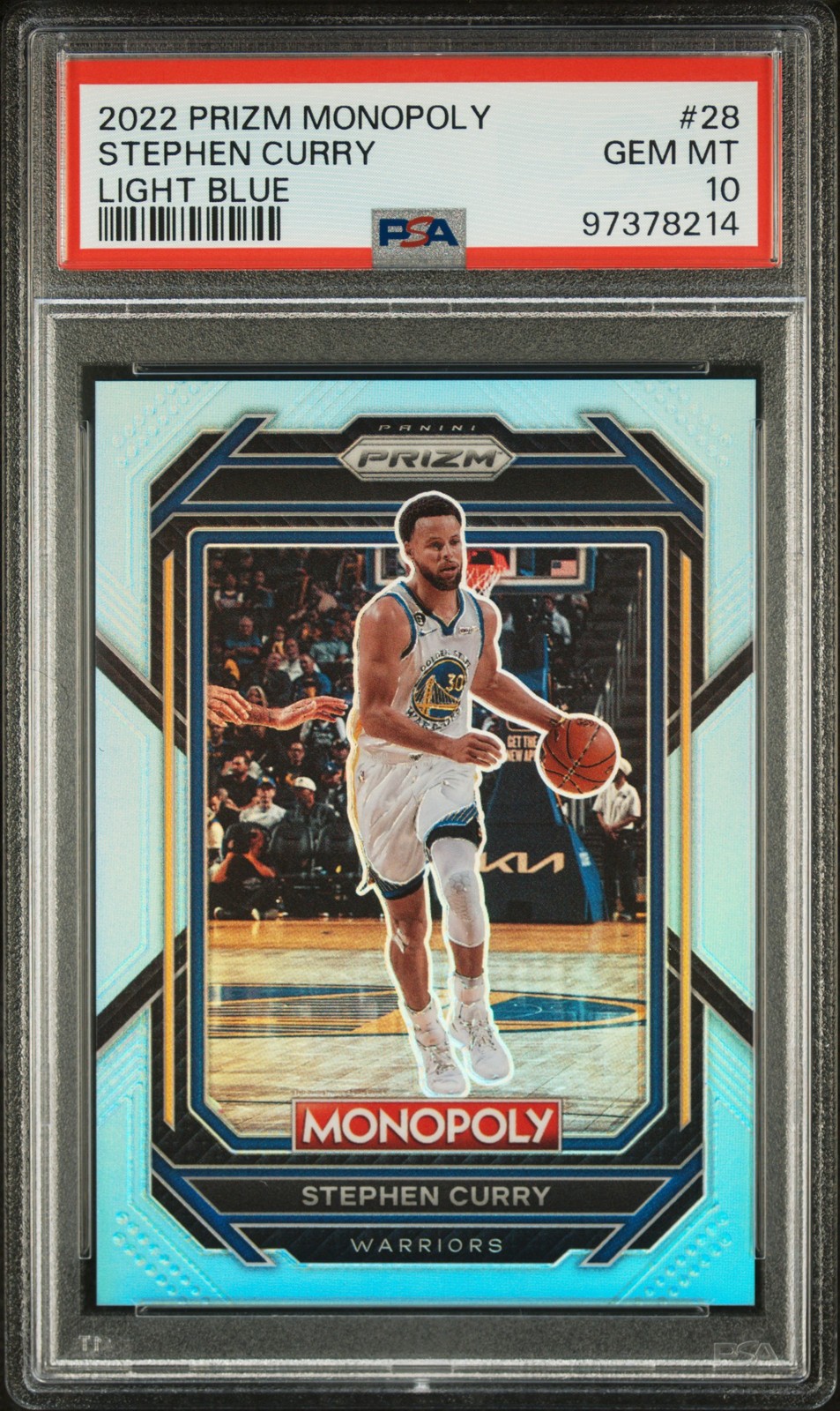 2022 PANINI PRIZM MONOPOLY LIGHT BLUE #28 STEPHEN CURRY 130/199 PSA 10