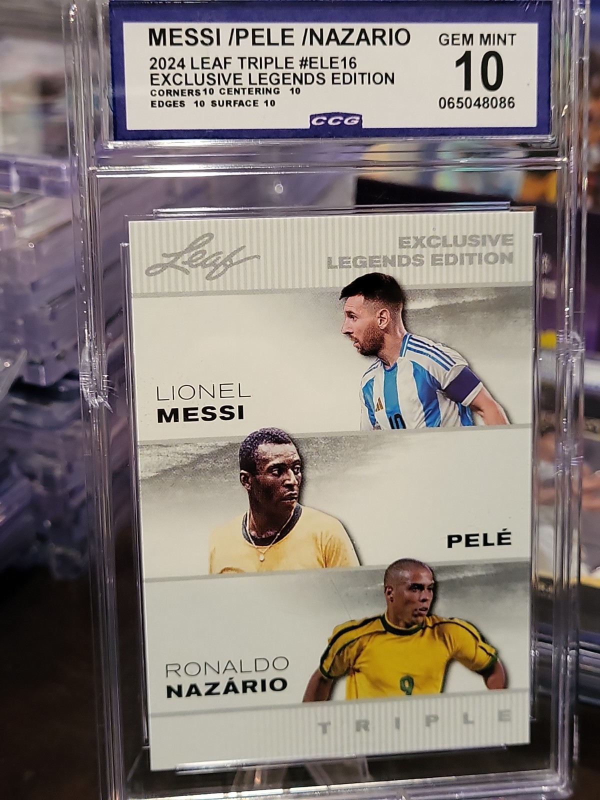 2022 Leaf Exclusive Legends Edition, Triple  Messi, Pele, Ronaldo, CCG GEM MT 10 view 2