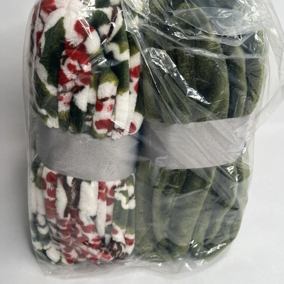 Nuevo Juego de MANTAS BERKSHIRE Minky Holiday Throw Acebo Verde 55" x 70 NAVIDAD Lote Foto 4 de 4
