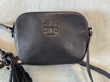 Tory Burch Thea Small Black Leather Crossbody Bag Camera Style Lg Logo Tassel