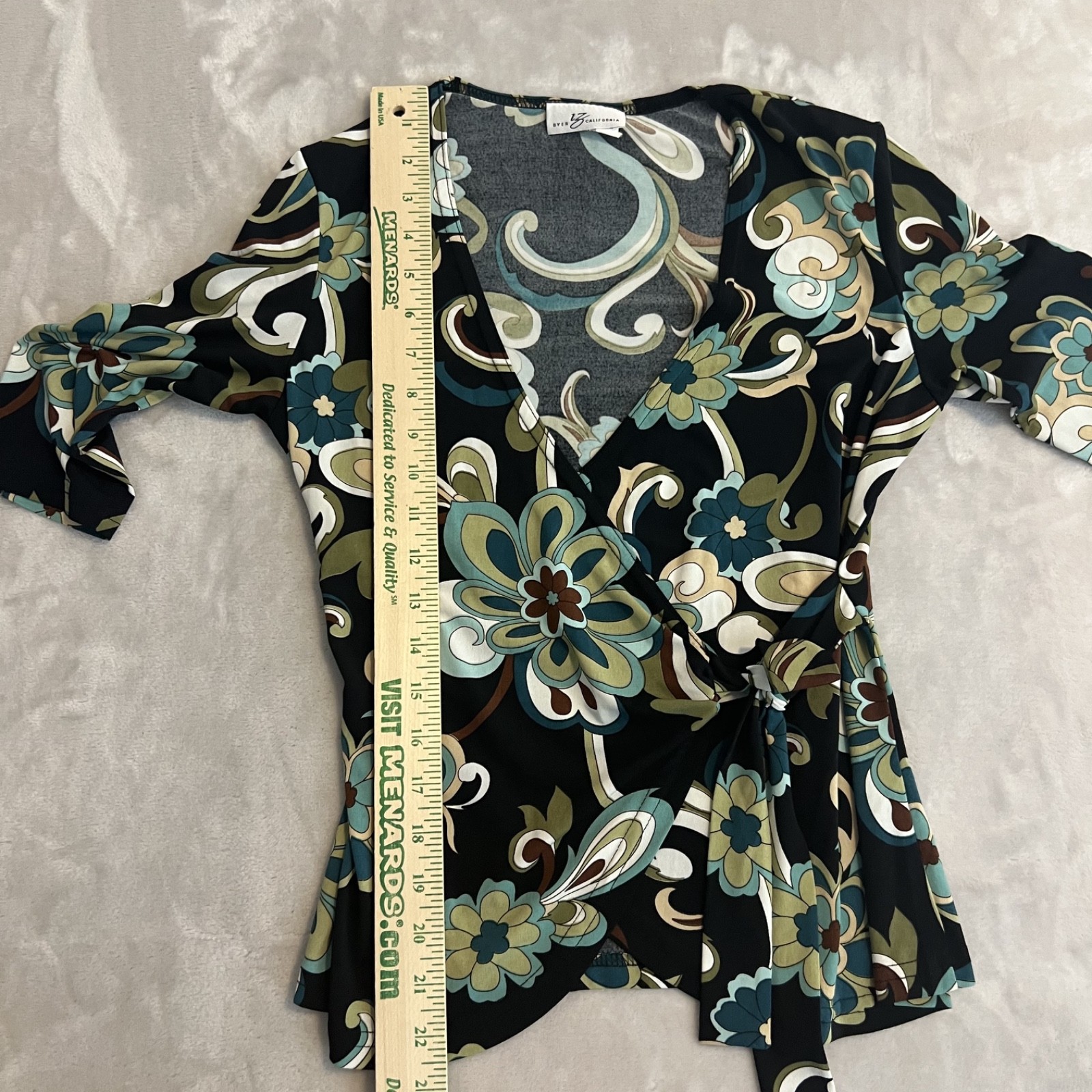 VTG Byer Top Womens Medium Black Retro Floral Wrap Stretch Y2K Boho Fairygrunge