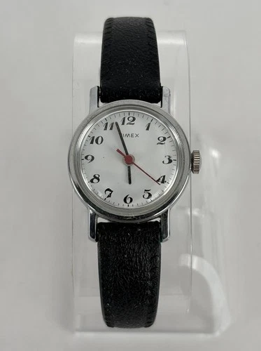 VTG Timex 25mm Silver Tone White Dial Mechanical Watch w/Black Leather Band