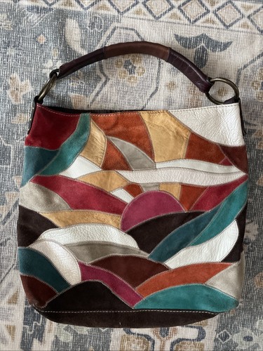 Rare Vintage Lucky Brand Patchwork Suede Sunset Shoulder Bag Boho Hippie