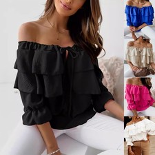 Womens Ruffles Bardot Off Shoulder Lace-up Blouse Tops Summer Holiday T Shirts