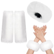 White Fur Accessories Incluidng Headband Fuzzy Wrist Cuff Leg Warmers Winter