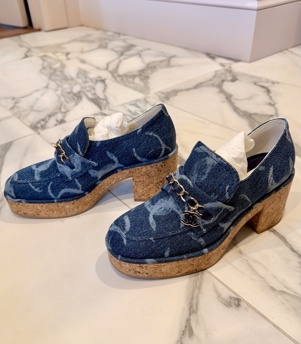 CHANEL Denim Loafers, size 37, Cork sole Indigo | eBay