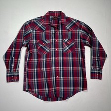 Vintage 80's Red Plaid Pearl Snap Button Shirt / Sz L / Plains Westernwear