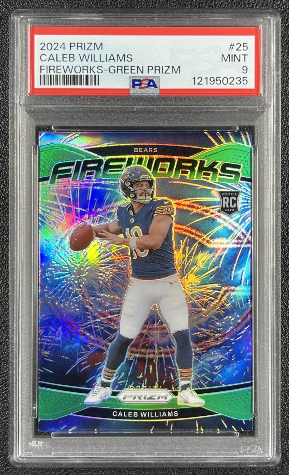 CALEB WILLIAMS PSA 9 2024 PANINI PRIZM #25 ROOKIE FIREWORKS GREEN RC BEARS 0235
