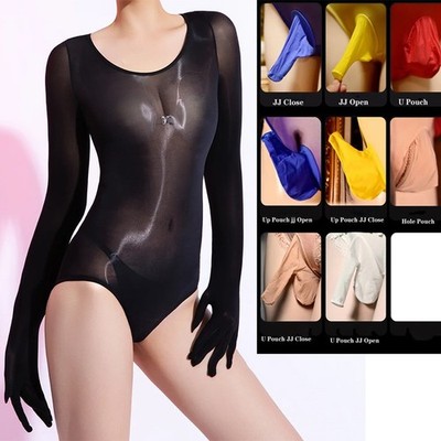 Men Women High Cut Bodysuit Oil Glossy Shiny Tights Shapping Leotard Underwear