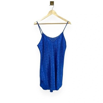 Vintage Satin Lace Slip Dress Royal Blue Floral Lingerie Mini OS S M