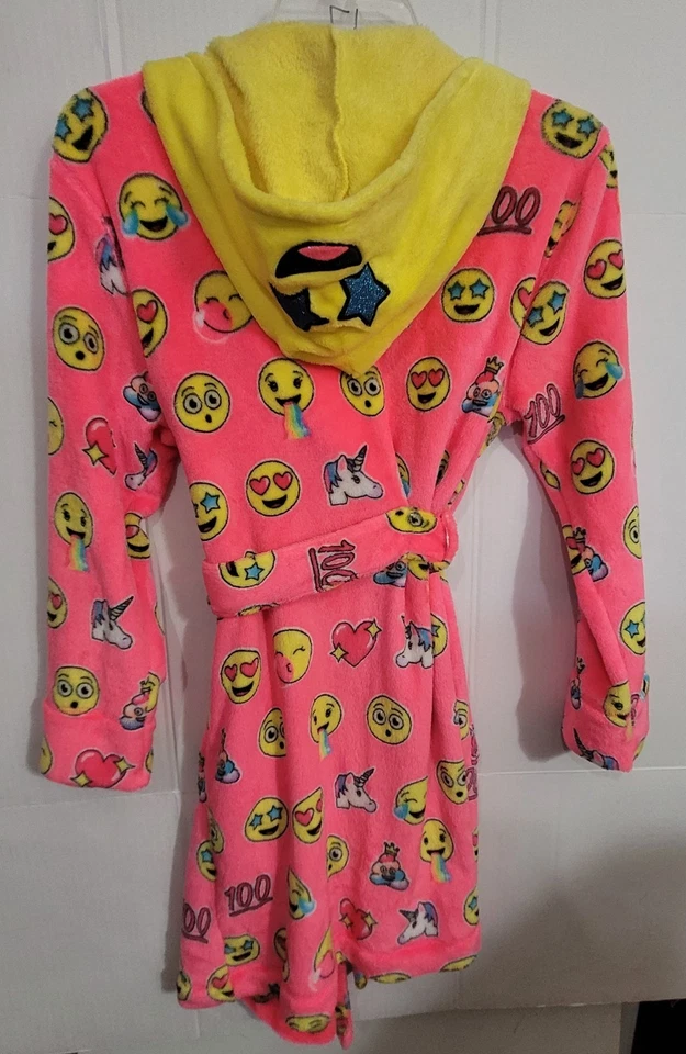 Justice Girls Plush Fleece Hooded Emoji's Pattern Bath Robe w/belt - Size 14/16 - Image 2 of 4