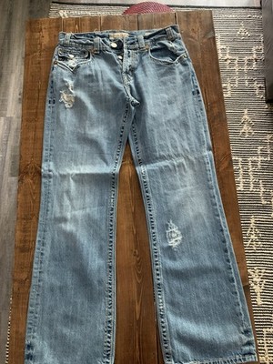 MEK DENIM Blue Straight Jeans Men Cotton Distressed Embroidered Button Denim