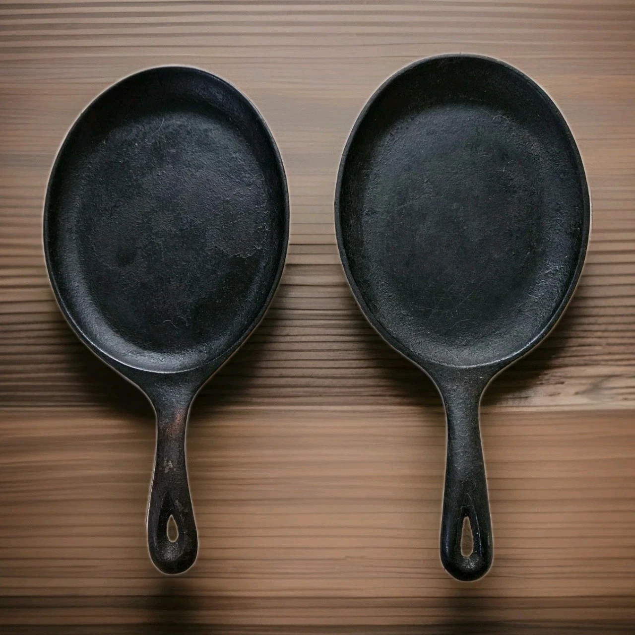 2 Antique Cast Iron Oval Fajita Skillets 10"x7" Griddle Made in USA Lodge OS