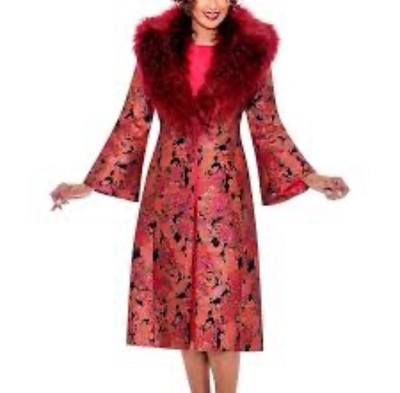 Designer DCC Coat with Dress Set Women s Size 10 Burgundy Roses Faux Fur