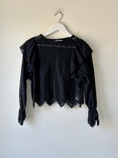 Zara Lace Top Ruffle Long Sleeve Semi Crop Blouse Black Size S Neutral Feminine