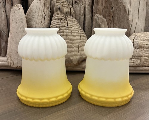 Pair Of Antique Frosted Glass Sconce Lamp Shades Ombré White To Yellow Nice! (F)