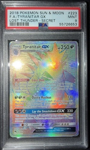 2018 Pokemon Sun Moon Lost Thunder Tyranitar GX Full Art Rainbow #223/214 PSA 9